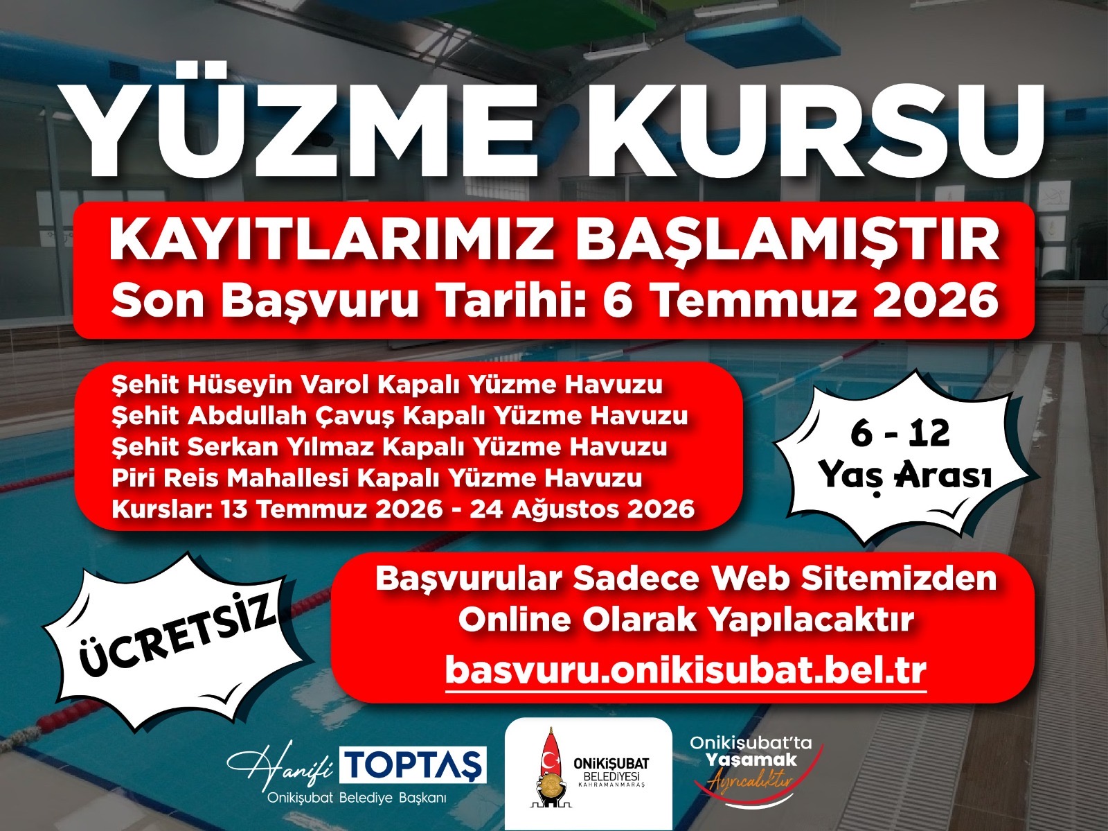 Onikişubat Belediyesi’nin ücretsiz Yaz Yüzme Kursları’nakayıtlar devam ediyor